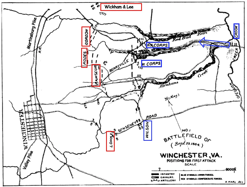 Union and Confederate positions prior to Union infantry attack in Third Battle of Winchester that occurred September 19, 1864. Confederate (red) units are divisions except Wickham, Lee, and Payne are brigades.The (blue) Union corps (and Crook) consist of two or three divisions each. Wilson is a cavalry division. Arrow points to important Berryville Pike and its "canyon".