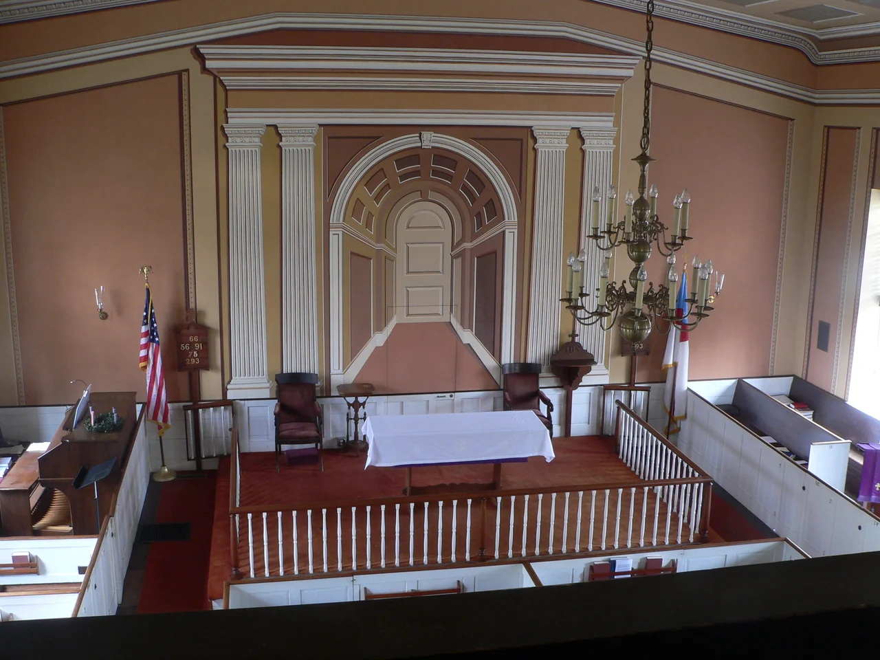 Interior of St. James Episcopal Church in Accomac, Virginia. Camera is in choir loft, looking down toward altar.