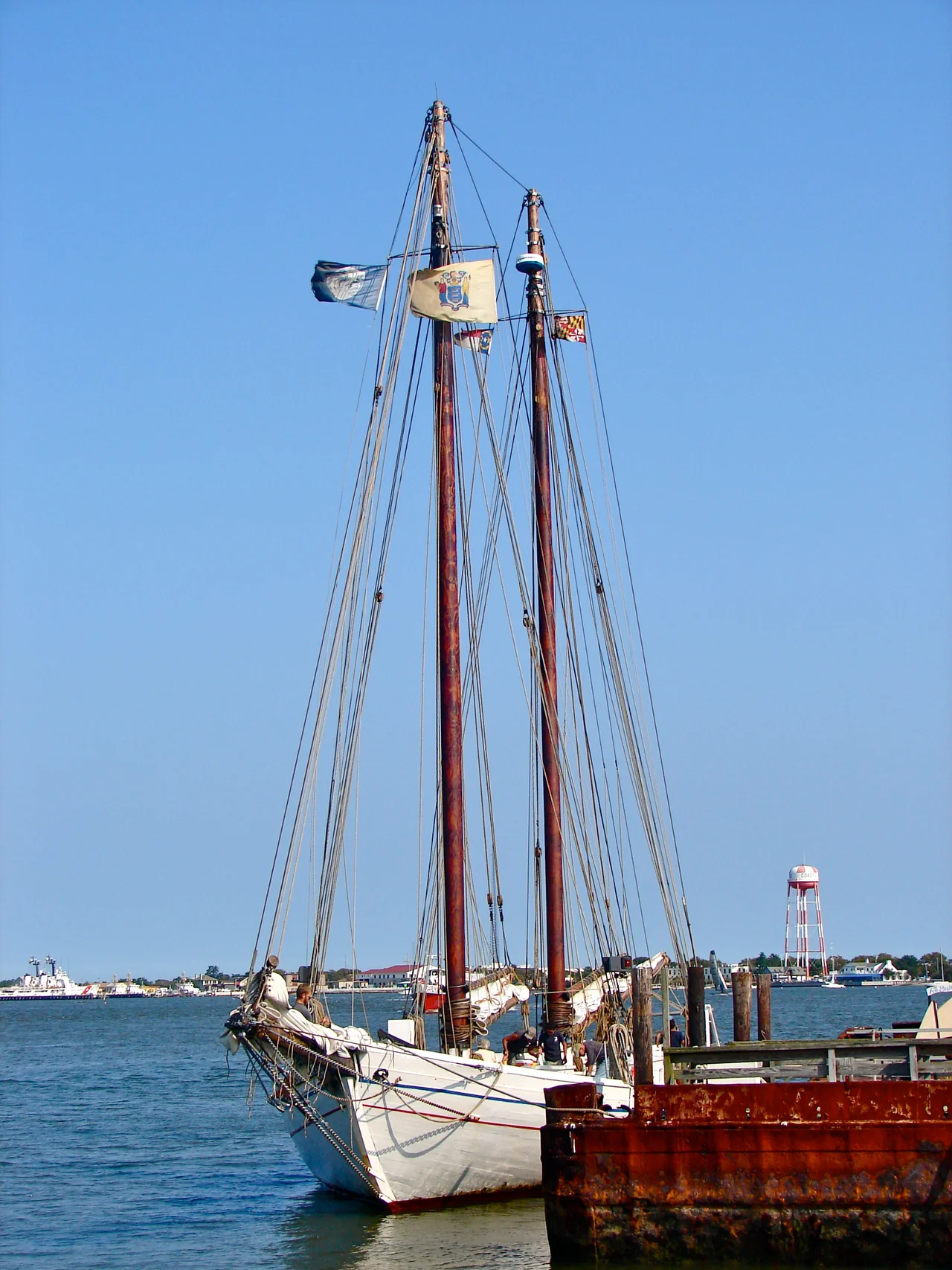A.J. MEERWALD (Schooner), on the NRHP since November 7, 1995.  Generally located at the docks near 22 Miller Ave. on Maurice River, Commercial Township, with coords 39°14′5″N 75°1′50″W.  This photo taken in Cape May Harbor, Cape May, New Jersey, a common stop.  The Meerwald, an oyster dredging schooner, is the official tall ship of the State of New Jersey.