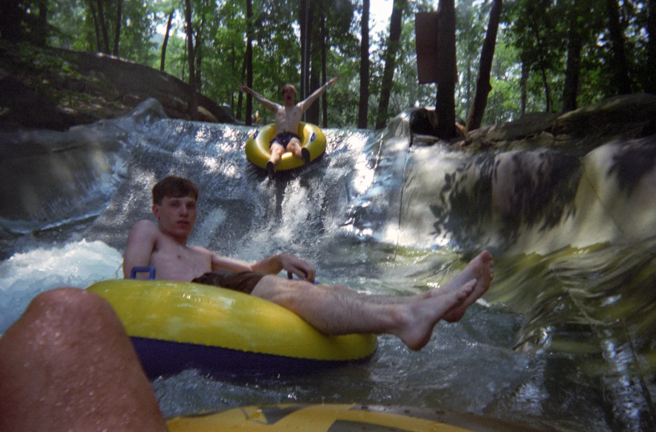 I really loved the waterslides that were very scenically built into the side of the mountain. This one was a series of mini-slides that emptied into mini-pools that you'd float around in until another tube knocked you out to the next slide. Very fun.
Action Park, Vernon, New Jersey, August 1994