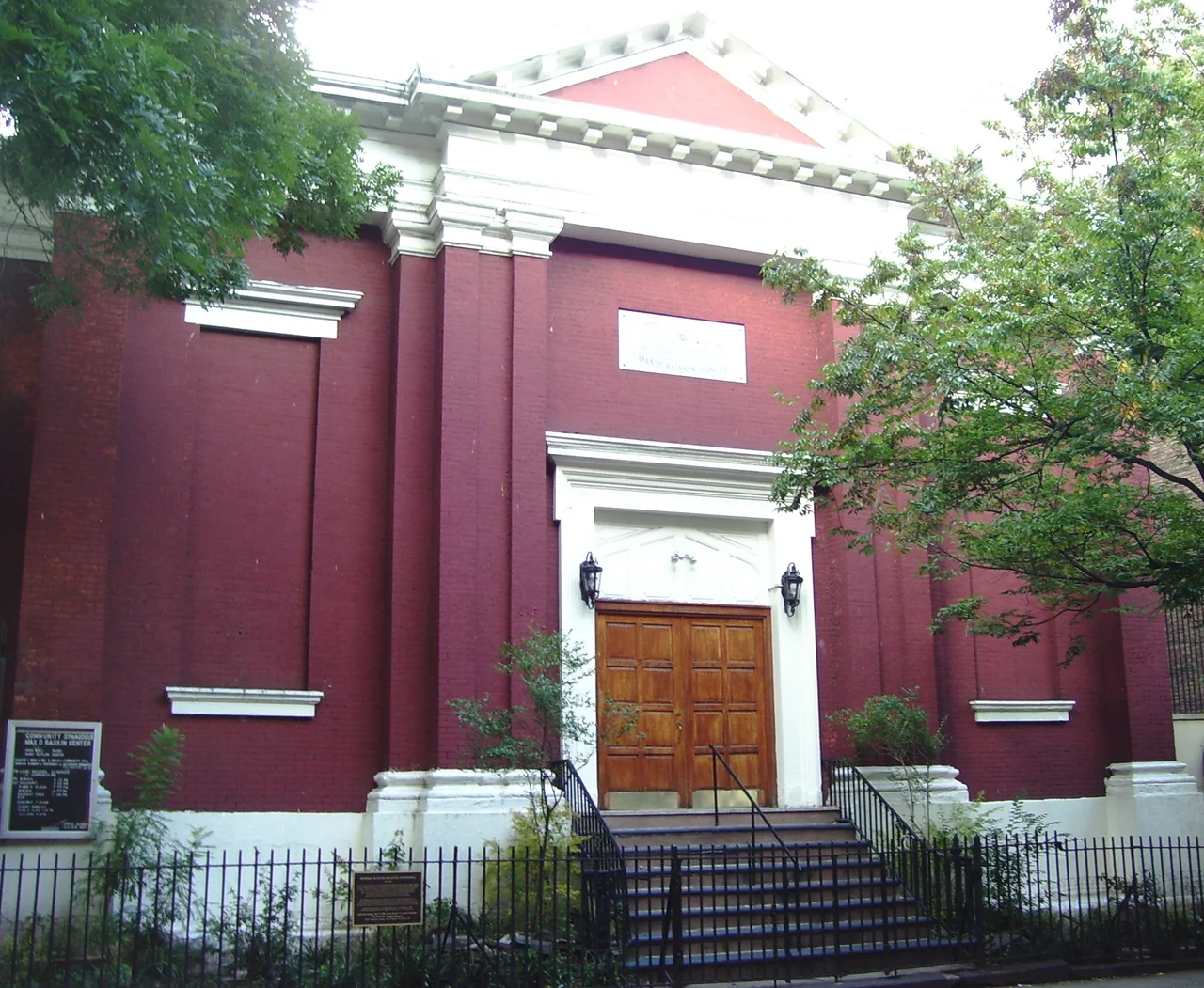 The Community Synagogue Max D. Raiskin Center at 323 East 6th Street between First and Second Avenues in the East Village, Manhattan, New York City was built c.1847 in the Greek Revival style. Until 1940 it was a branch of German St. Matthew's Lutheran Evangelical Church, a mostly German immigrant parish. On June 15, 1904 1,200 parishioners and friends were killed when the PS General Slocum caught fire and sank in the East River. The building was sold to the newly-formed Community Synagogue in 1940. It is located within the East Village/Lower East Side Historic District (Sources: "East Village/Lower East Side Historic District Designation Report", AIA Guide to NYC (4th ed.) and historical plaque on the fence of the building)