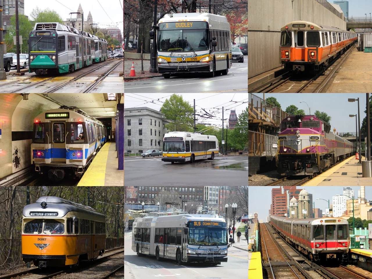 Examples of all MBTA services except for MBTA Boat. This has been designed primarily for the infobox at the top of the Massachusetts Bay Transportation Authority page on Wikipedia, a topic of public interest.
Top row:
Left: Green Line Breda Type 8 LRV #3840 is stopped for a red light at Commonwealth Avenue and Carlton Street on the B.
Center: New Flyer XDE40 bus #1799 on route 1 at MIT.
Right: Orange Line Hawker Siddeley #12 Main Line train led by #01240 enters Ruggles Station.
Center row
Left: The first Blue Line #5 East Boston train in revenue service at Government Center
Center: Neoplan AN440LF trackless trolley #4111 exits the Harvard Tunnel on the 71.
Right: EMD GP40MC #1136 pulls Train 465 into Porter Station.
Bottom row
Left: St. Louis Car PCC car #3087 on the Ashmont-Mattapan Line.
Center: New Flyer XDE60 #1289 on SL5 route on Washington Street.
Right: #3 Red Line train leaves Charles/MGH over the Longfellow Bridge.