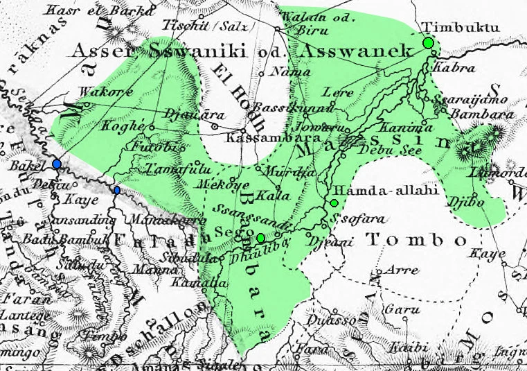 General outline (green) of ʿUmar Tal's Empire Peul around 1864, near the empire's greatest extent, covering much of modern Mali, as well as parts of Guinea and Mauritania. Major capitals conquered in green, Major French forts in blue.Note: this is based on the outlines of previous (conquered) states supplied in the 1861 map, which displays information from the late 1850s.