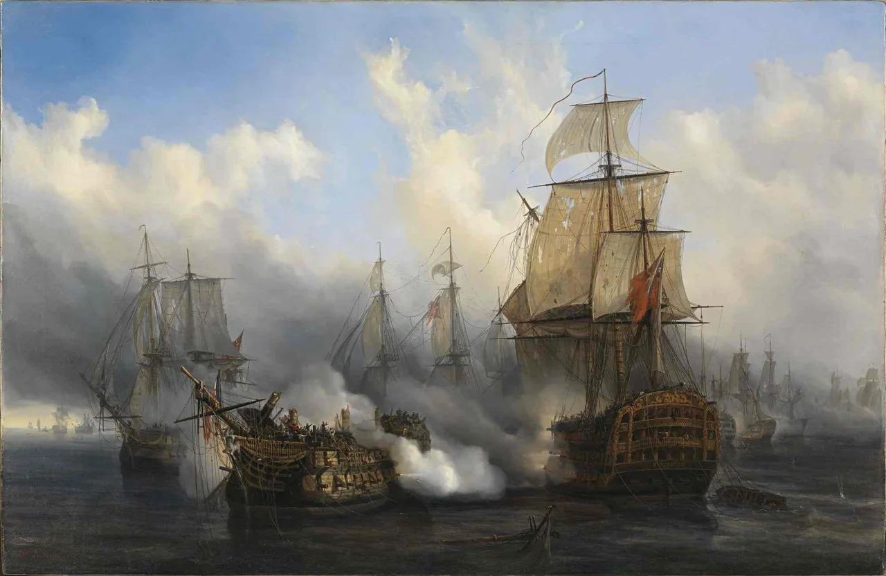 The actual title of the image is unknown, painted in 1836 by Auguste Mayer, it is suggested that the information about the painting was lost during WWII and it was given incorrect background and title when recovered. The picture is one of six that Mayer painted in 1836 about the struggle and fights of ship of the line Bucentaure during the Battle of Trafalgar (cf. musée national de la Marine website).
The ship in the foreground on right (firing to the Bucentaure) is the British 2nd-rate Sandwich, not present at Trafalgar, actually being hulked for harbour duty at the time. It is therefore generally held that the Sandwich is actually the British 2nd-rate Temeraire, incorrectly titled by the artist, and the dismasted ship in foreground left is the French 74-gun 3rd-rate Redoutable.
Research shows that the French ship in the foreground is actually Bucentaure, as the figurehead is that of Bucentaure, the ship is a two-decker fitting the description and design of Bucentaure and the men clustered around the mainmast fit with the events aboard the Bucentaure during the battle.