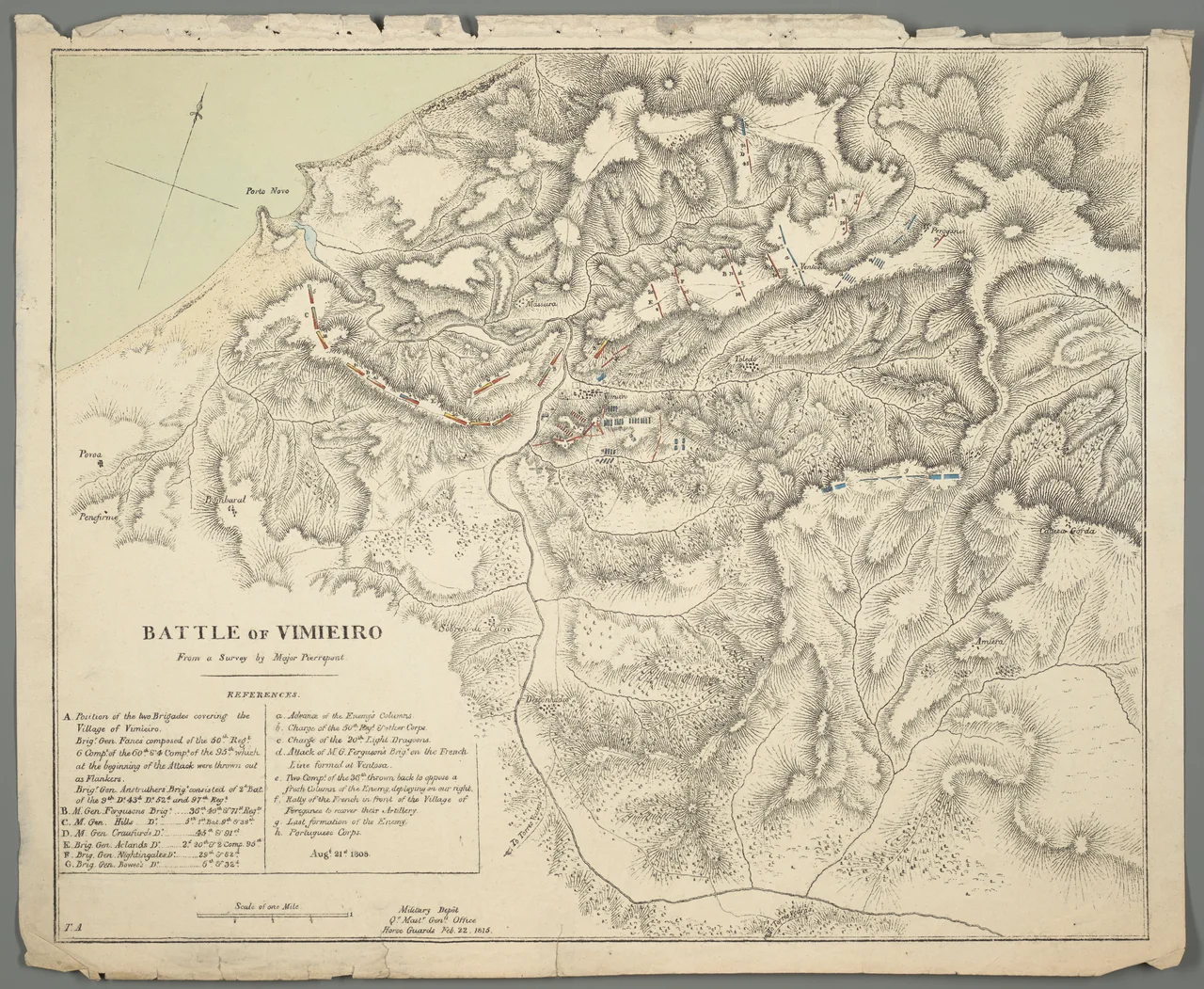 1 Kt. : teilw. kolor. (46 x 37 cm) ; Koordinaten W 9°21'57"-W 9°15'17"/N 39°12'32"-N 39°08'00" ; Maßstab in graph. Form (Mile). - Titel und Maßstab unten links. - Mit Truppenstellungen. - Erl. der Truppenstellungen unten links. - Abkürzung unten links: T. A. - Mit Bergschraffen. - Titel und Erl. in engl.