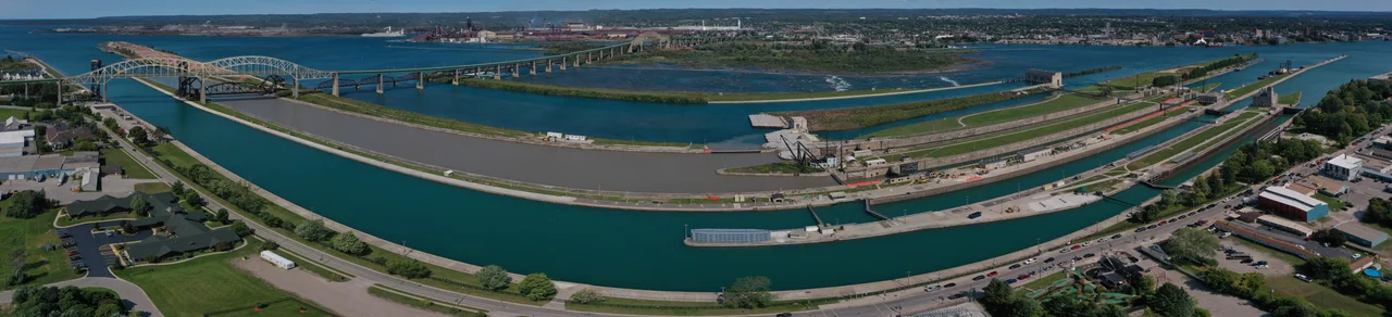 An aerial view of the Soo Locks on the St. Marys River connecting Lakes Superior and Huron.