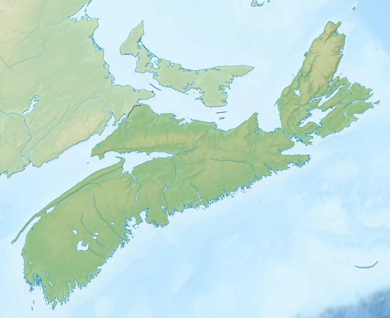 Topographic location map of Nova Scotia, Canada
Equirectangular projection, N/S stretching 145 %. Geographic limits of the map:
N: 47.3° N
S: 43.3° N
W: 66.6° W
E: 59.5° W