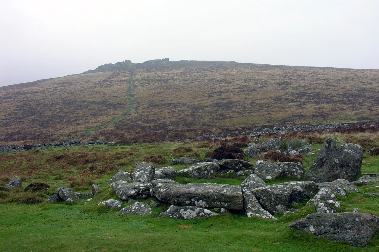 Grimspound with Hookney Tor on the horizon, Dartmoor, Devon, England. 7 October 2005Grimspound, Dartmoor, Devon., England 7 October 2005