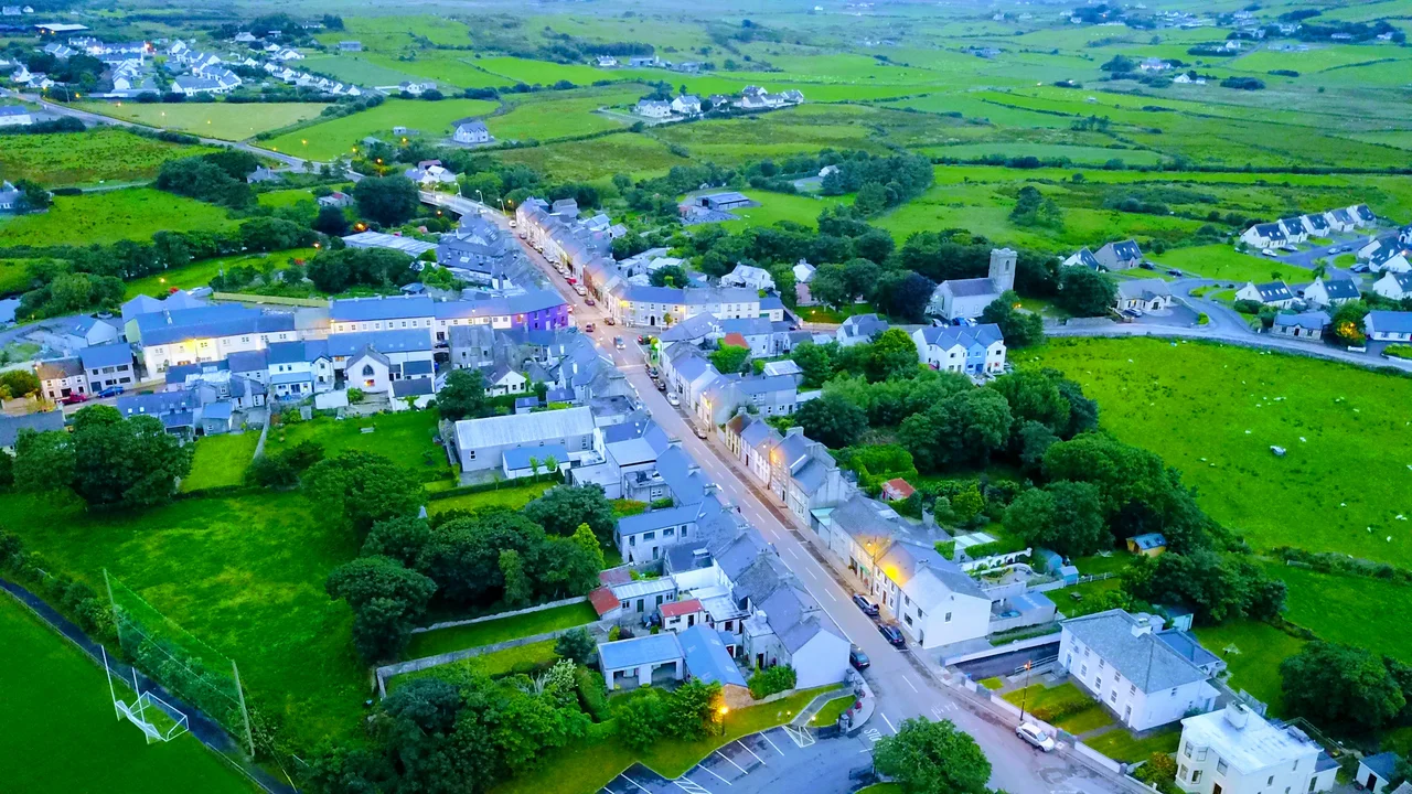 An aerial view of Louisburgh in the evening light.