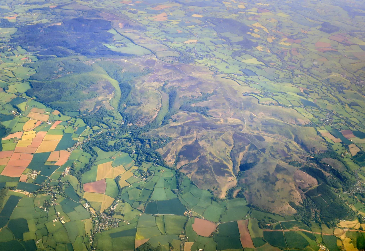 An aerial view of the Quantock Hills in Somerset, England.