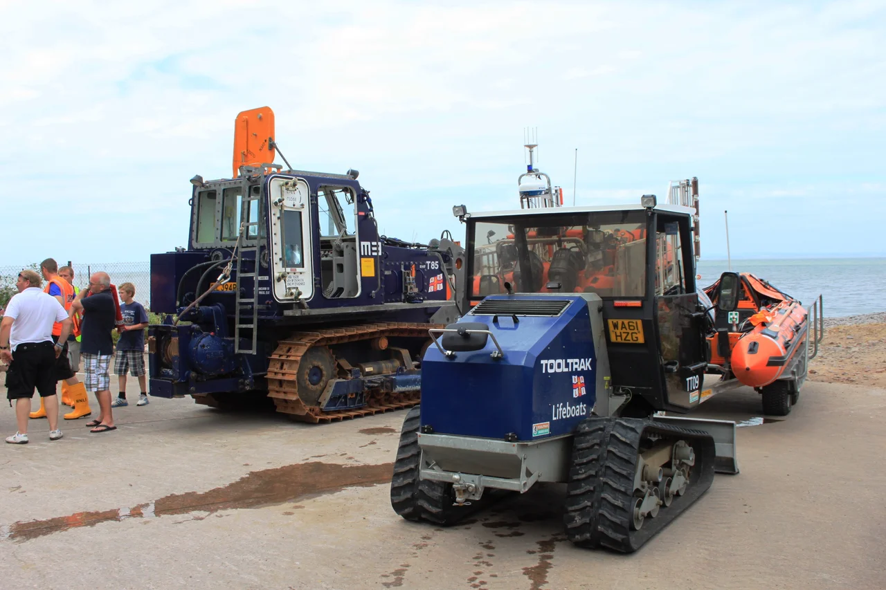 The two tractors used for launching the Minehead lifeboats. On the left is T85, a Case 1150B which works with the B Class boat; on the right is TT09, a Tooltrack which works with the smaller D Class boat.