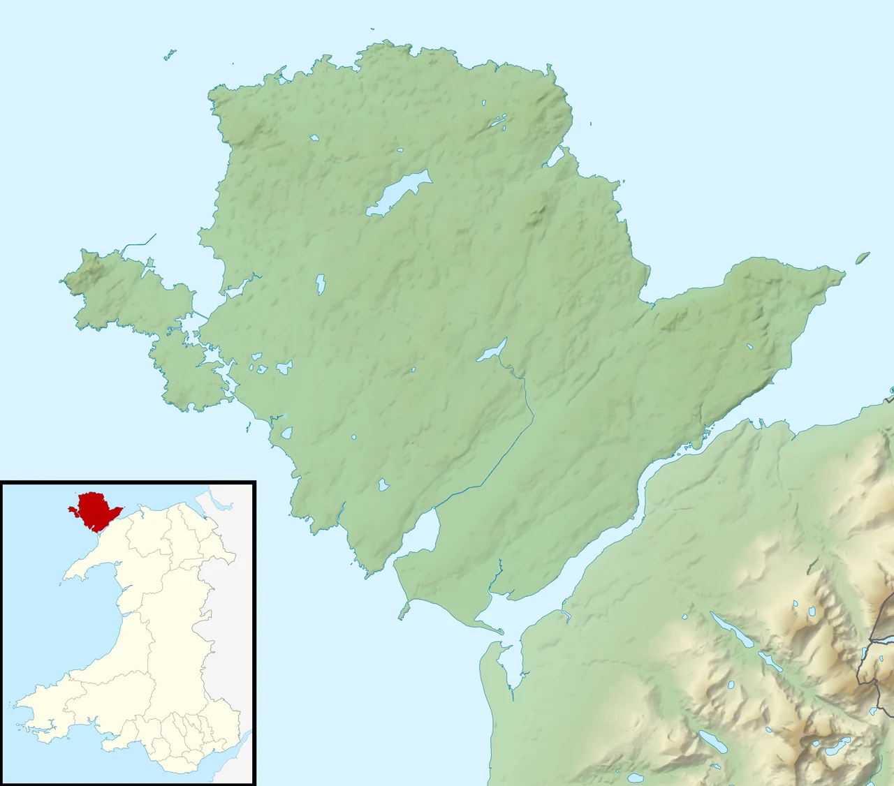 Relief map of Anglesey, UK.
Equirectangular map projection on WGS 84 datum, with N/S stretched 165%
Geographic limits:
West: 4.75W
East: 4.00W
North: 53.45N
South: 53.05N