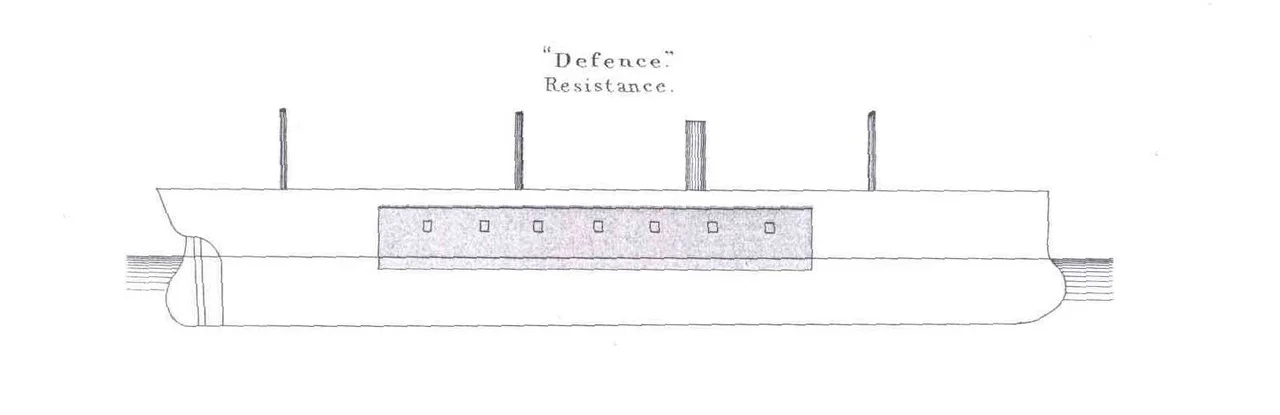 Ironclad HMS Defence of 1861. The grey part is the armour, only partly covering the ship.
Line-drawing from Brassey's Naval Annual 1888.