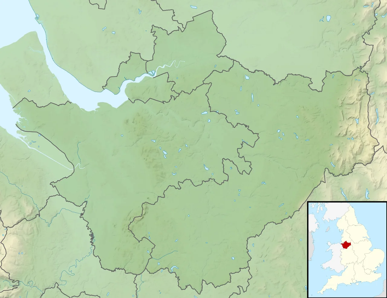 Relief map of Cheshire, UK.
Equirectangular map projection on WGS 84 datum, with N/S stretched 165%
Geographic limits:
West: 3.15W
East: 1.95W
North: 53.50N
South: 52.94N