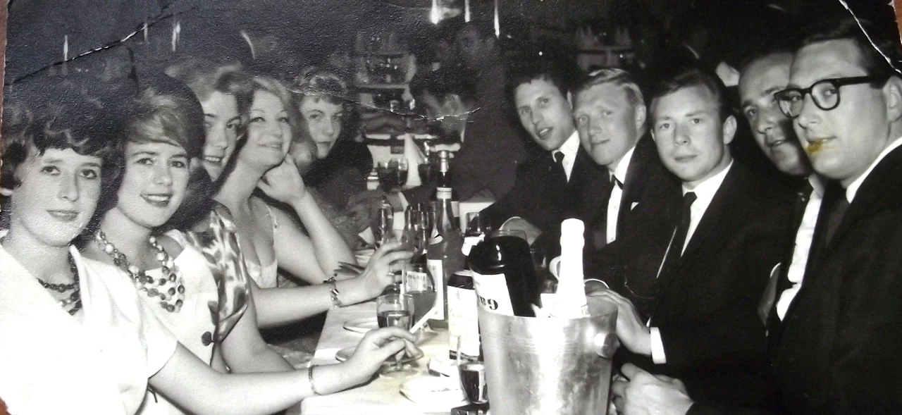 Terence with members of the Great Train Robbery and Eastcastle robbery with their partners.Terry is facing the camera.