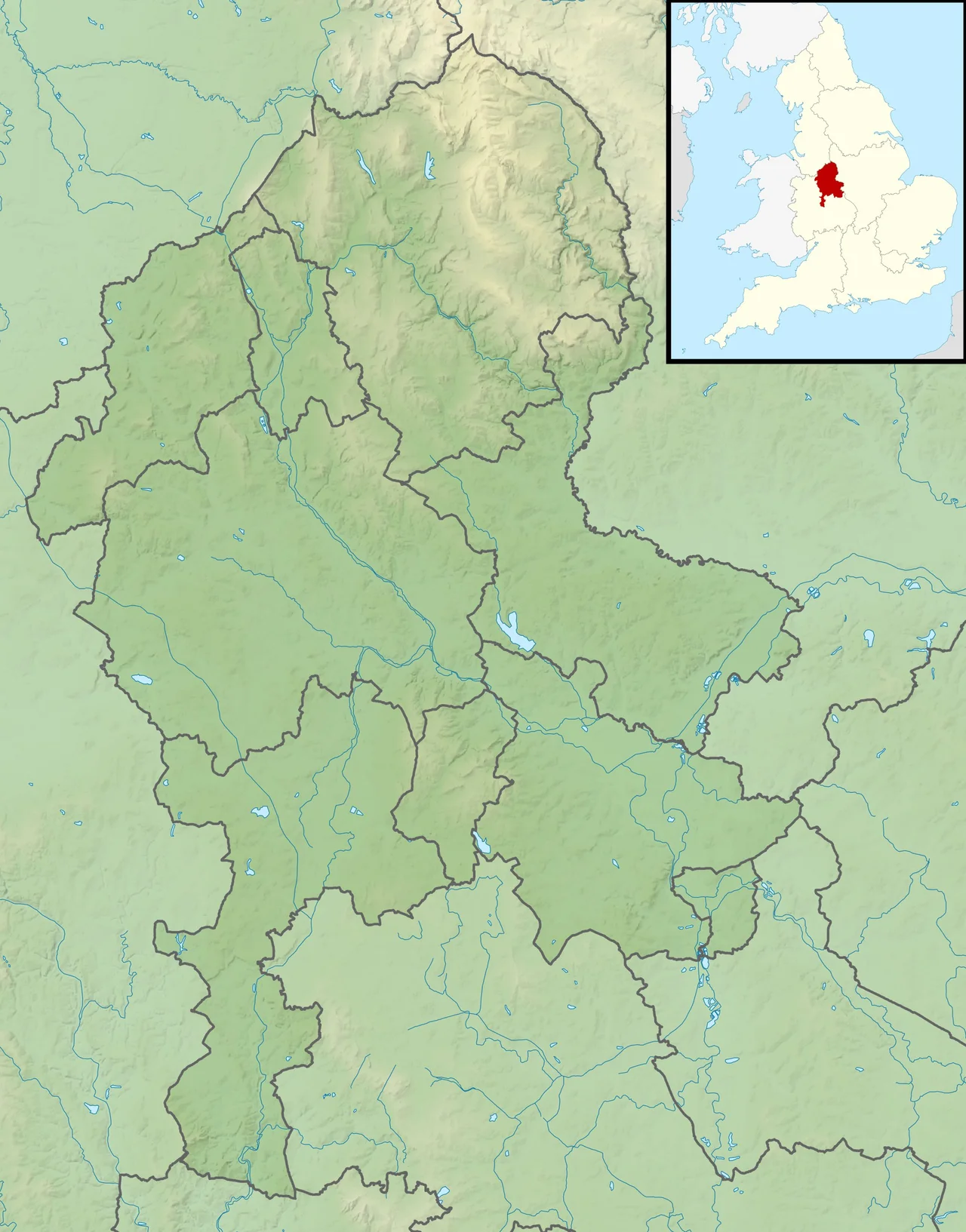 Relief map of Staffordshire, UK.
Equirectangular map projection on WGS 84 datum, with N/S stretched 165%
Geographic limits:
West: 2.50W
East: 1.40W
North: 53.25N
South: 52.40N