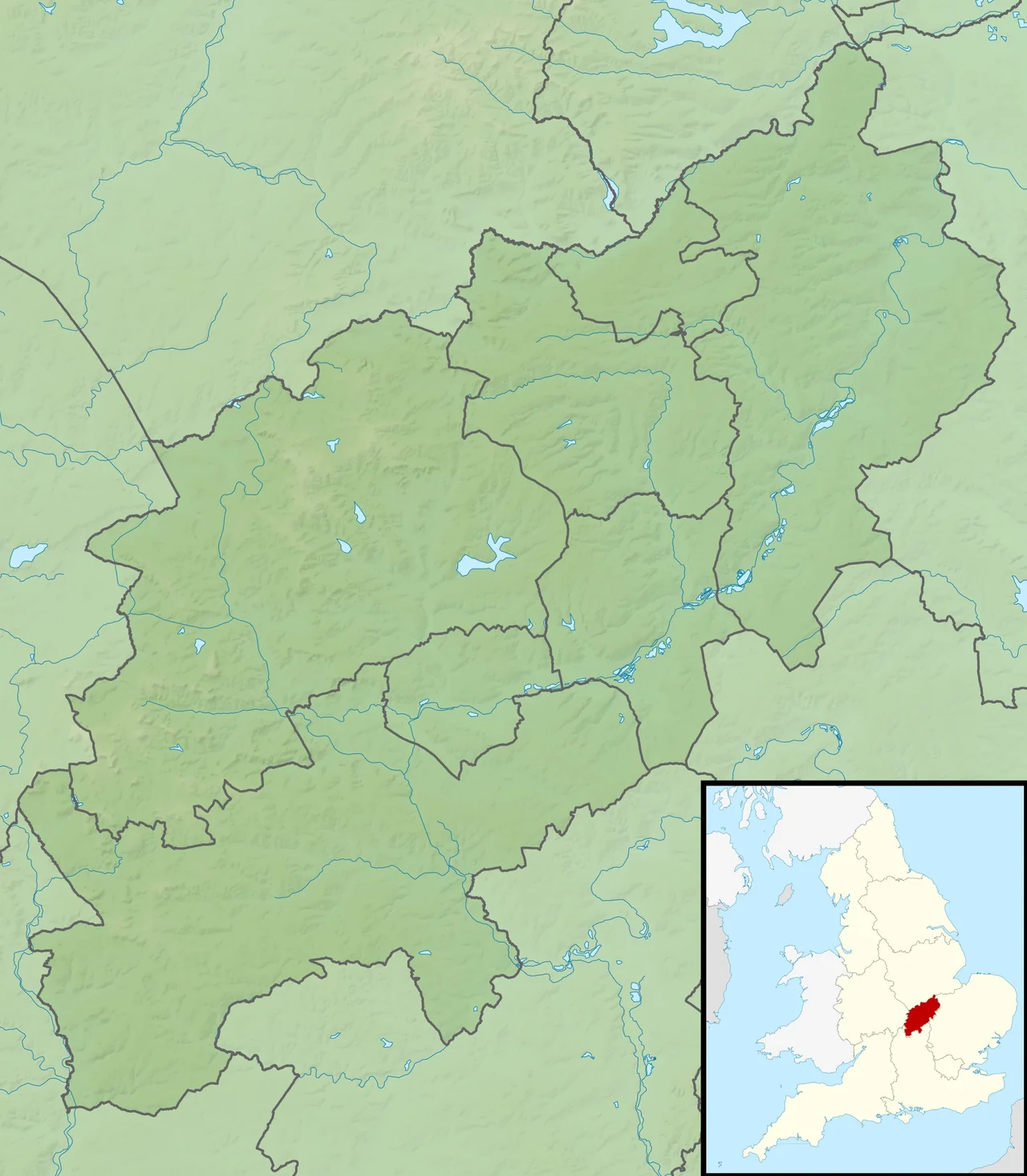 Relief map of Northamptonshire, UK.
Equirectangular map projection on WGS 84 datum, with N/S stretched 160%
Geographic limits:
West: 1.35W
East: 0.33W
North: 52.67N
South: 51.94N