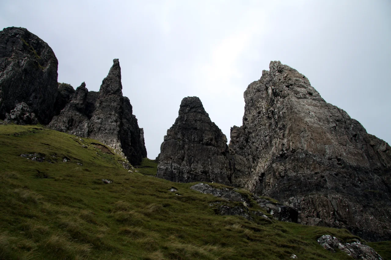 The Needle and the Prison near Quiraing area during Skye trail, Isles of Skye, Inner Hebrids, Scotland