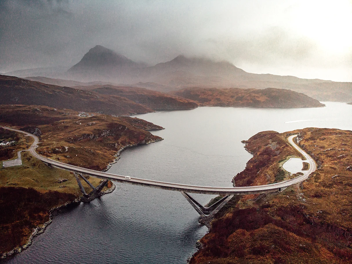 Kylesku Bridge, as seen from a drone