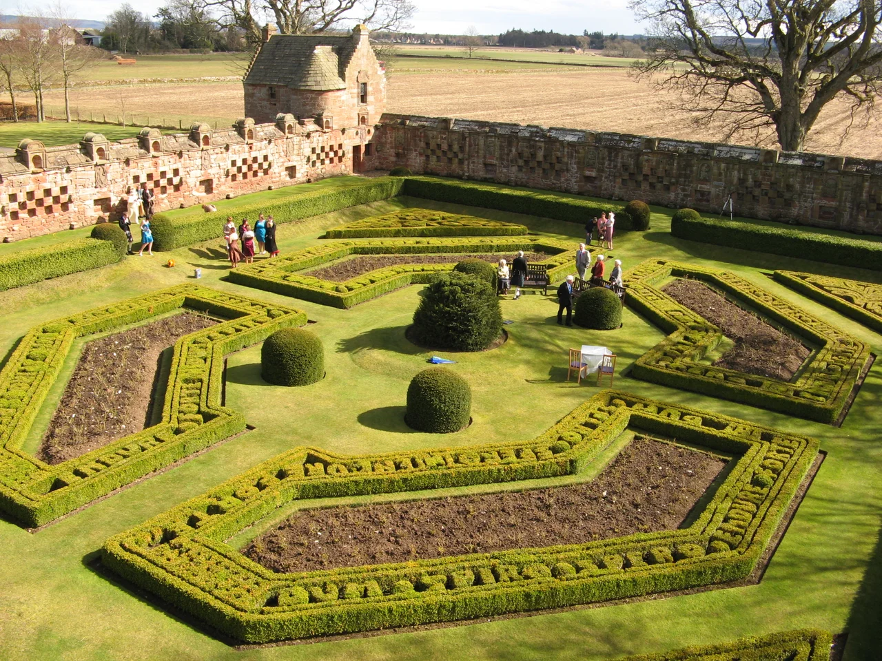 Edzell Castle, Angus, Scotland. The garden, viewed from the upper floor of the tower house.