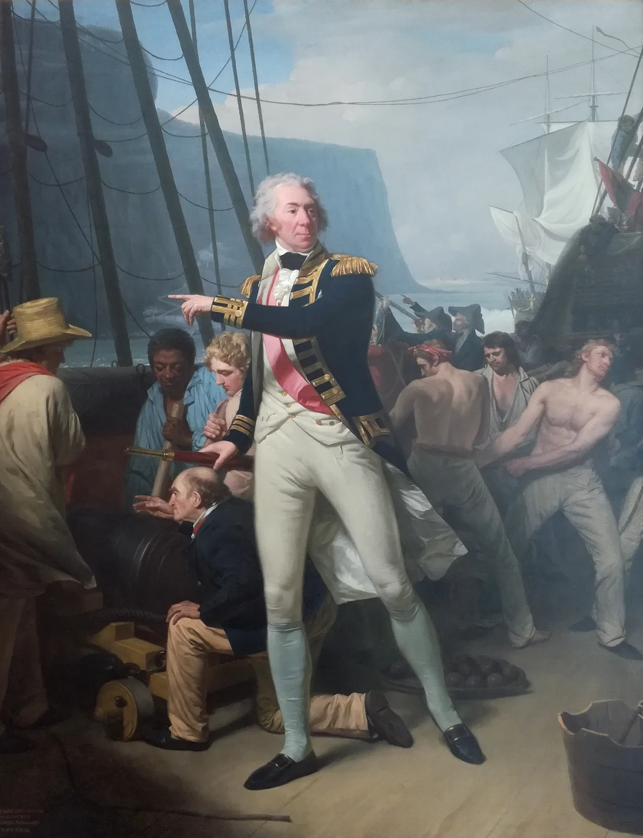Painting of Admiral of the Red Sir George Keith Elphinstone (later 1st Viscount Keith) at the Battle of Muizenberg, 1795 by Henri Pierre Danloux at Bowood House, 30 June 2019. The Battle of Muizenberg against the Dutch resulted in Britain taking Cape Colony.
Cropped from the origional on commons.
original