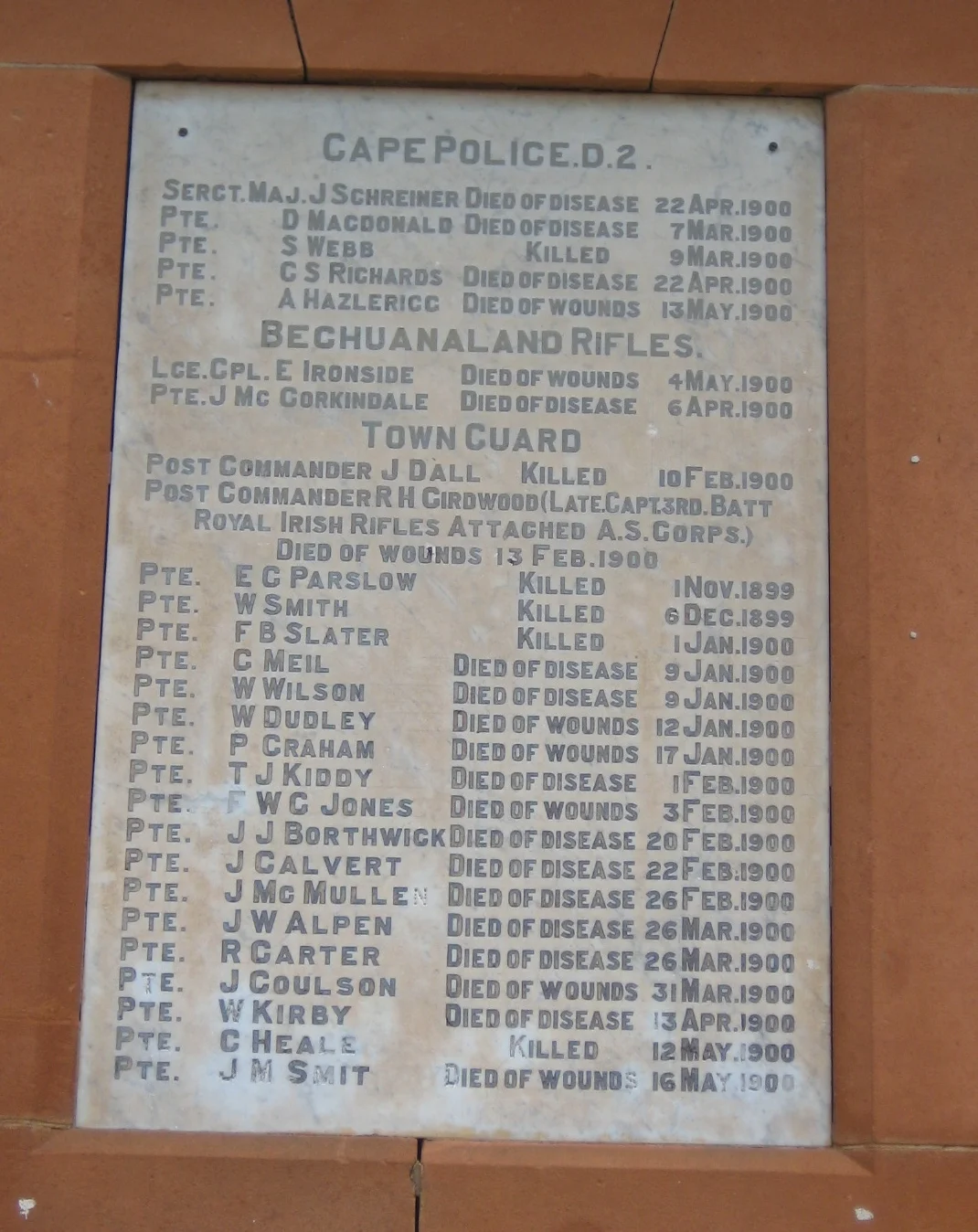 Detail of panel 2 (of 4) of Mafeking Obelisk - Bechuanaland Rifles, Town Guard, Cape Police D.2

Commemorates British soldiers who died during the Siege of Mafeking.