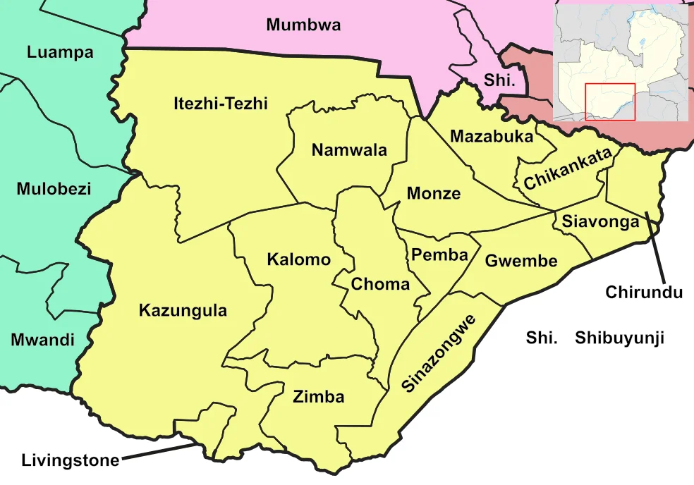 Locator maps of districts in Southern Provice, Zambia