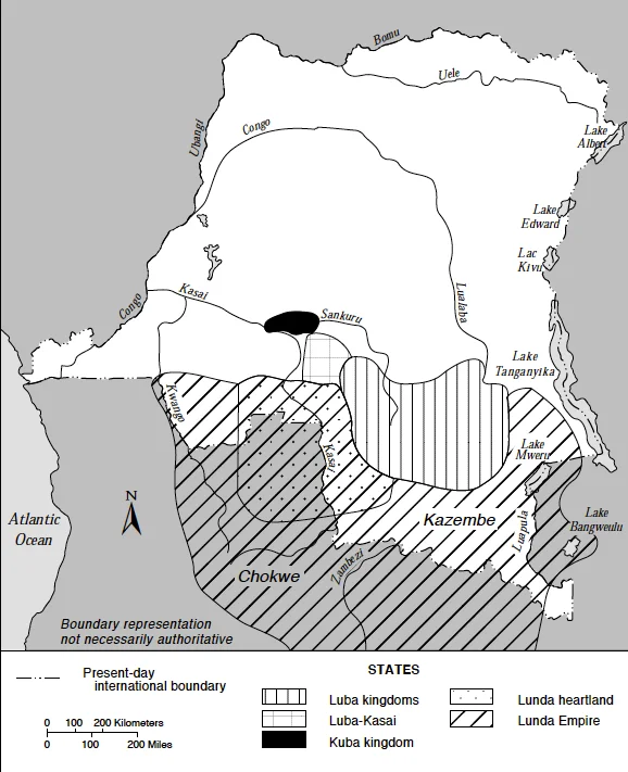 Map of Major States in the Southern Savannas, Mid-Nineteenth Century. Based on information from Jan Vansina, Kingdoms of the Savanna, Madison, 1968. The map includes the Lunda Empire (with the Lunda heartland), the Luba kingdoms, the Luba-Kasai and the Kuba kingdom as they were thought to have been around 1850.