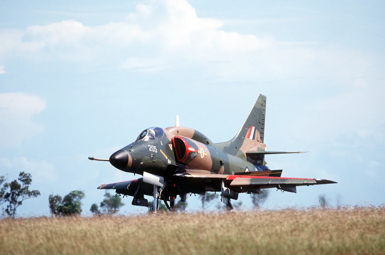 A Royal New Zealand Air Force Douglas A-4K Skyhawk aircraft (s/n NZ6205) from No. 75 Squadron during the joint Australia/New Zealand/US exercise "Pitch Black '84" on 22 April 1984 at RAAF Darwin, Northern Territories (Australia).