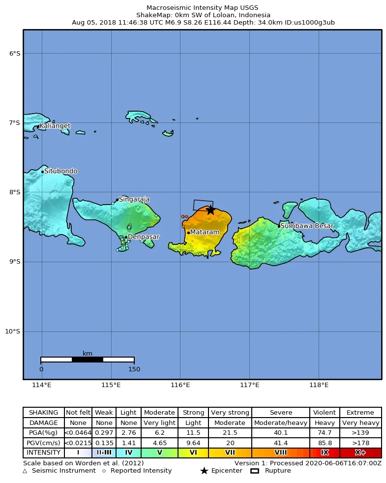 Shakemap for 5 August 2018 - M 6.9 Lombok earthquake