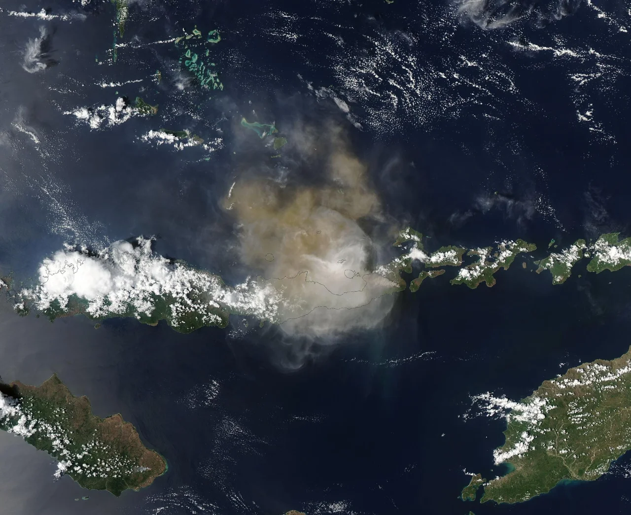 Minutes before midnight on November 3, 2024, a series of explosive, deadly eruptions began to at Mount Lewotobi Laki-Laki—a volcano on the Indonesian island of Flores. A particularly strong eruption sent hot ash as high as 2,000 meters (6,500 feet) into the air, some of which fell on several surrounding villages.
This initial large eruption affected more than 10,000 people, according tin Indonesia’s National Disaster Management Agency. Media reports that at least 10 people were killed in Klatanlo Village, near the volcano. Another 63 people have been reported injured, more than 2,300 houses were damaged, and clouds of volcanic ash have disrupted flights in the area.
Mount Lewotobi is composed of the two adjacent stratovolcanoes: Laki-Laki and Perempuan (the "husband” and “wife", respectively), which lie less than 2 kilometers apart. The recent strong eruptions at Laki-Laki were preceded by about ten months of increased activity at the site. Plumes from milder eruptive activity had often drifted westward, sometimes interfering with flights at a nearby airport. Immediately preceding the early November eruption, the country’s volcano monitoring agency noted increasing earthquakes near Mount Lewotobi. On November 1, 119 deep volcanic earthquakes were noted.
The Moderate Resolution Imaging Spectroradiometer (MODIS) on NASA’s Aqua satellite acquire a true-color image of the island of Flores, Indonesia, on November 19. Dark tan volcanic ash was rising nearly straight up from an active eruption of Mount Lewotobi and was so thick it obscured the ground from view. Pale colored “vog” (volcanic fog) also can be viewed near the ash column and to the northeast of the volcano.
