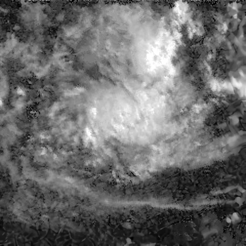 Before the year 2004, only two tropical cyclones had ever been noted in the South Atlantic Basin, and no hurricane. However, a circulation center well off the coast of southern Brazil developed tropical cyclone characteristics and continued to intensify as it moved westward. The system developed an eye and apparently reached hurricane strength on Friday, March 26, before eventually making landfall late on Saturday, March 27, 2004.
The crew of the International Space Station was notified of the cyclone and acquired excellent photographs of the storm just as it made landfall on the southern Brazilian state of Santa Catarina (the storm has been unofficially dubbed “Cyclone Catarina”). Note the clockwise circulation of Southern Hemisphere cyclones, the well-defined banding features, and the eyewall of at least a Category 1 system. The coastline is visible under the clouds in the upper left corner of the image.