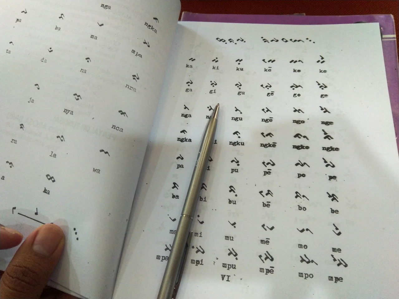 Buku mata palajaran bahasa Bugis, penjelasan tentang huruf-huruf dalam aksara lontara beserta alih aksara Latinnya