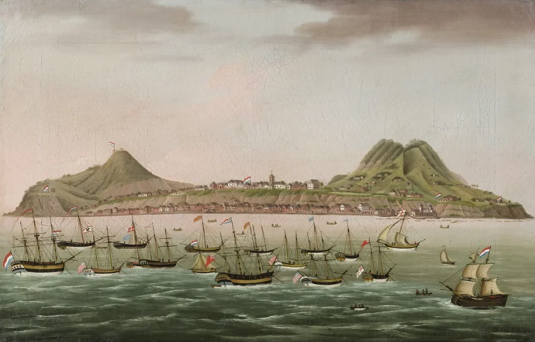 View of Pulau Run (Run Island) in the Banda Sea with Indiamen and other shipping in the roadstead , ca. 1790.  'Chinese School' painting according to the auction house.