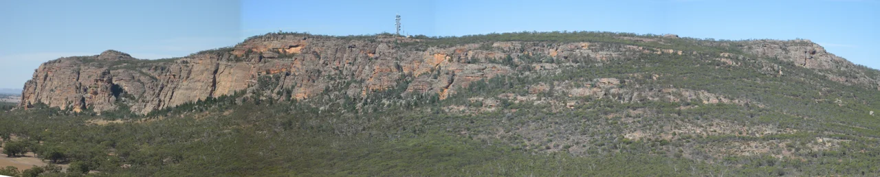 Panorama of Mount Arapiles taken from Mitre Rock. Visible are the Pharos and the Watchtower, among others.