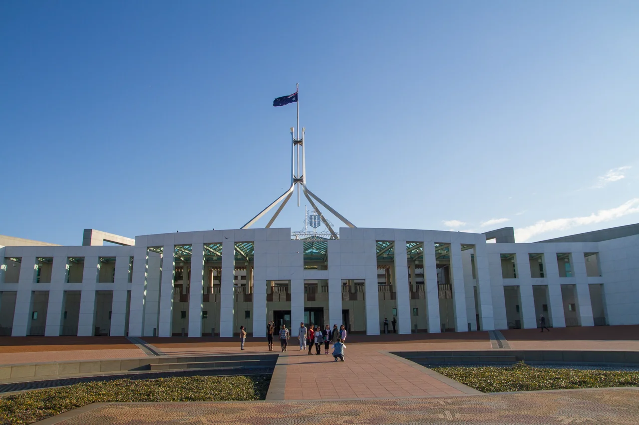 Blue hour photo of Parliament House, Canberra Australia. This image is an HDR composite, stitched from 4 different exposures.