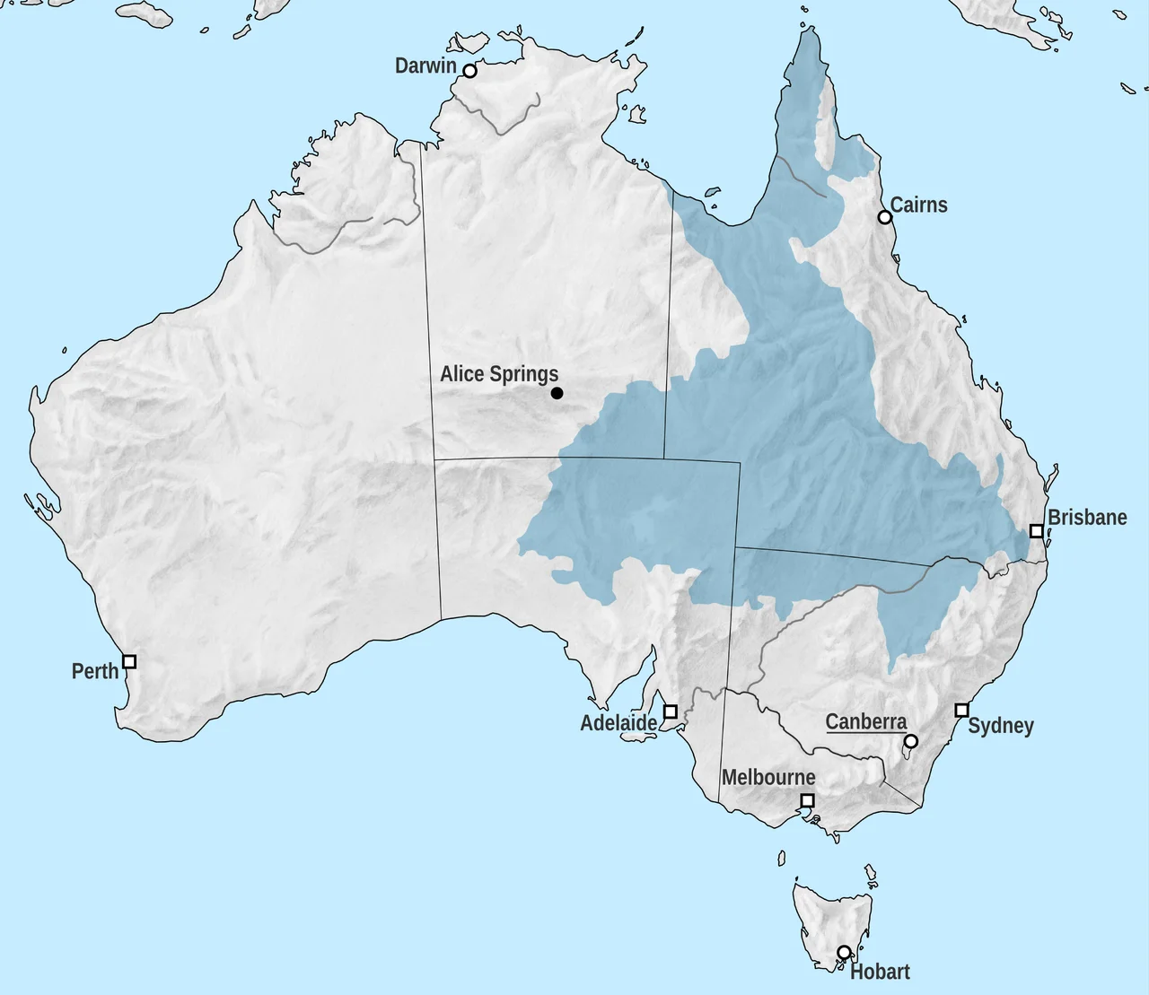 Map of the Great Artesian Basin in Australia.
Map projection: Lambert conformal conic, standard latitudes 18°S and 36°S, centred on 136°E and 24°S
Map extents: -2200km to 2000km east-west, -3000km to 900km north-south