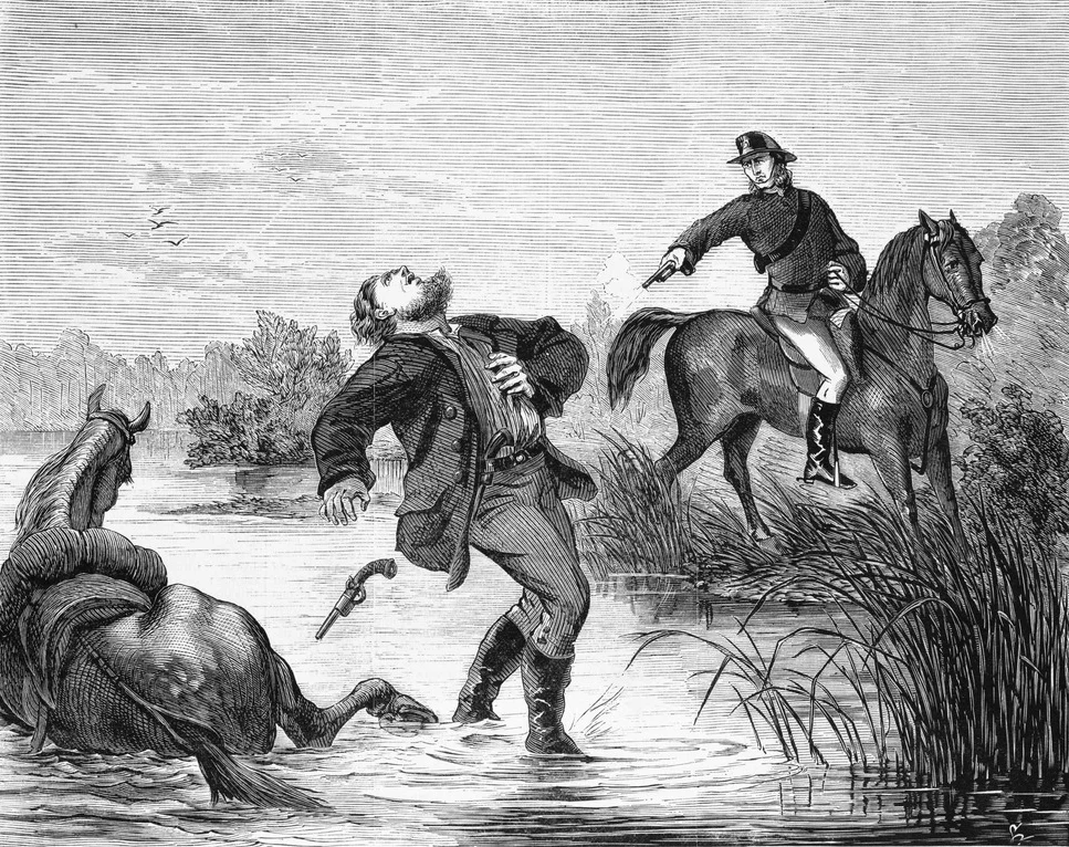 Death of Australian bushranger Captain Thunderbolt, wood engraving, 23.3 x 33.0 cm.