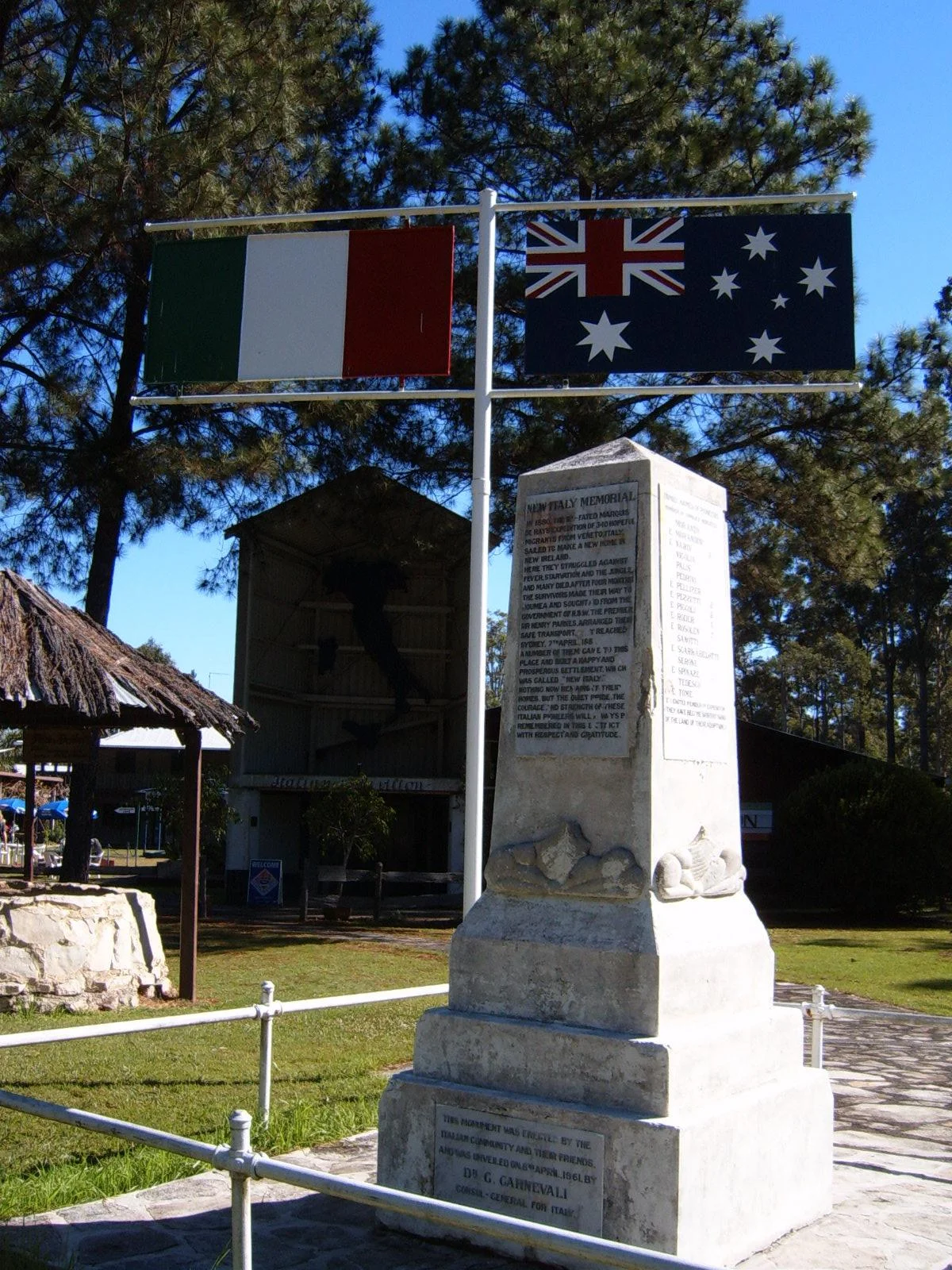 Memorial at New Italy, New South Wales, Australia. Erected 8 April 1961, Dr G. Carnevali, Consul-General for Italy. See Italian Australians#The Early Stage
Family names listed on monument (number indicates number of families; E indicates membership of New Ireland expedition):
Antonioli (2) E
Batistuzzi E
Bazzo E
Bertoli (2) E
Buoro E
Gaminiti E
Gapelin E
Fava
Feligietti
Flatley
Flett
Gava (2) E
Guariscin
Marozin
Martinuzzi E
Mazzer E
Mellare (2) E
Morandi
Morandini E
Nardi
Nicola
Palis
Pedrini
Pellizer E
Pezzuti (2) E
Piggoli (2) E
Roder (5) E
Rosolen (3) E
Sanotti
Scarrabelotti E
Serone
Spinaze (3) E
Tedesco
Tome E