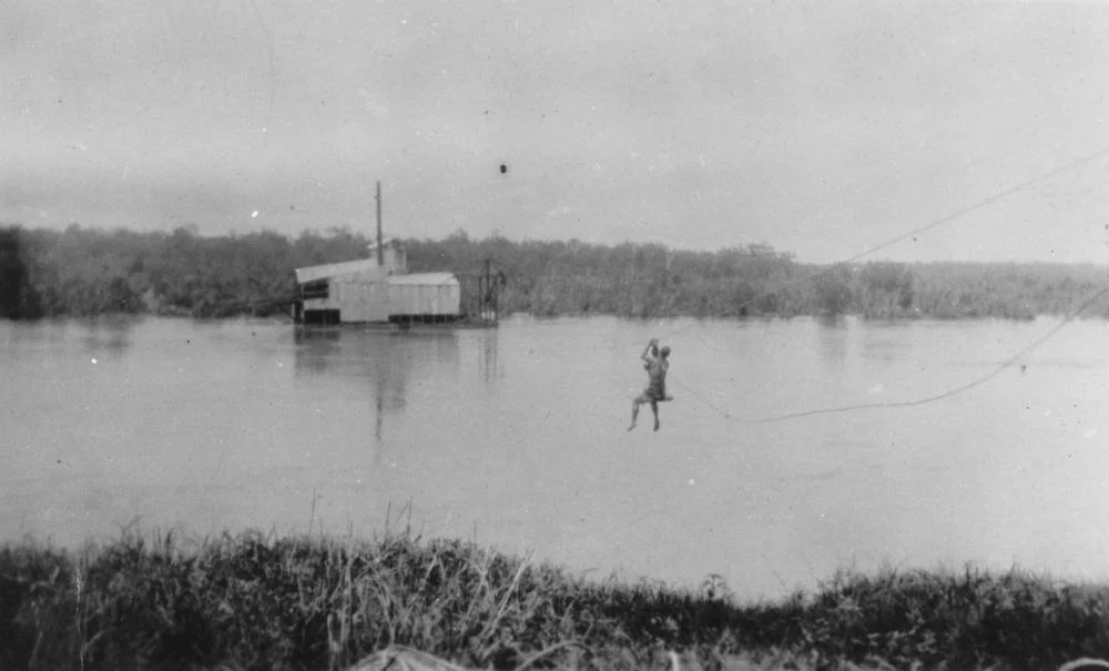 Gold mining dredge on the Palmer River in Queensland
Flying fox in operation for times of high water and flood.