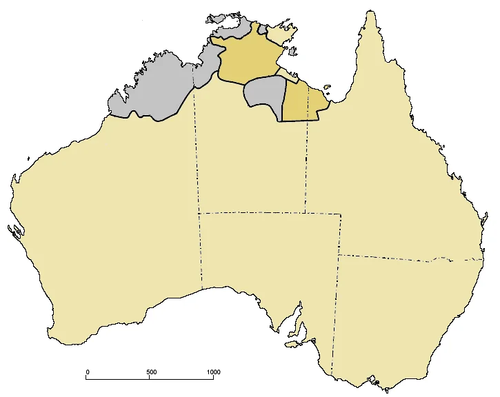 Pama-Nyungan languages (tan) and non-Pama-Nyungan languages (grey)