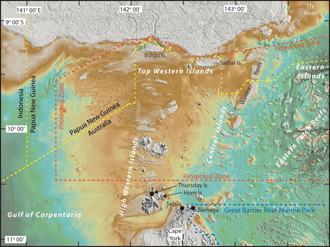 False colour bathymetric map of the Torres Strait region derived from a bathymetry grid developed by Geoscience Australia. Colours represent water depths, as indicated. The locations of the Torres Strait Protected Zone, the northern limit of the Great Barrier Reef Marine Park and the fishing/seabed jurisdiction boundaries of Australia, Indonesia and Papua New Guinea are shown.