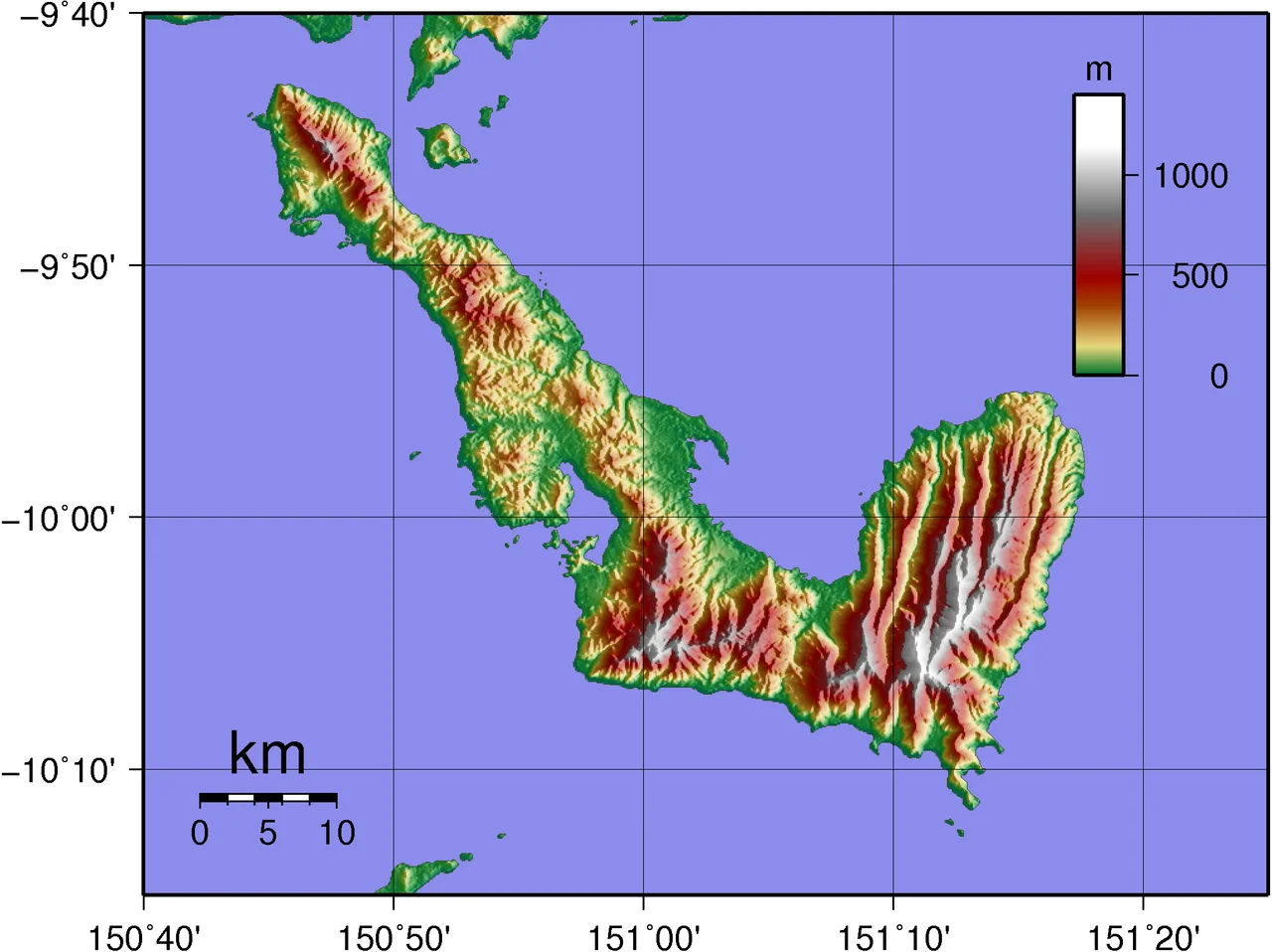 Topographic map of Normanby Island in Papua New Guinea