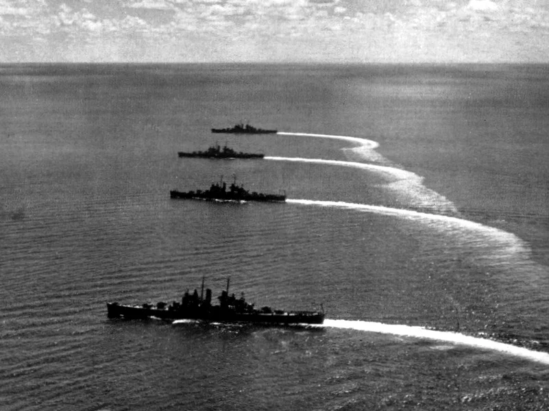 The U.S. Navy Cruiser Divison 12 in Havannah harbor at Éfaté Island in 1943, in colonial New Hebrides (present day Vanuatu). 
CRUDIV 12 consisted of the Clevland-class light cruisers USS Cleveland (CL-55), USS Columbia (CL-56), USS Montpelier (CL-57), flagship, and USS Denver (CL-58).