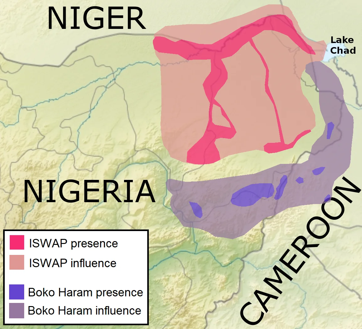 Dark pink: Approximate presence of ISWAP (Islamic State's West Africa Province)
Light pink: Approximate influence of ISWAP
Dark violet: Approximate presence of Boko Haram (Abubakar Shekau's forces)
Light violet: Approximate influence of Boko Haram
Source: Islamic State, Seeking Next Chapter, Makes Inroads Through West Africa