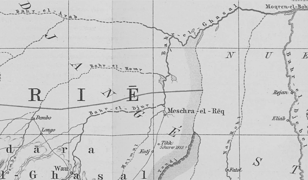 Detail of 1888 map by Frank Lupton showing the location of Mechra el Rek