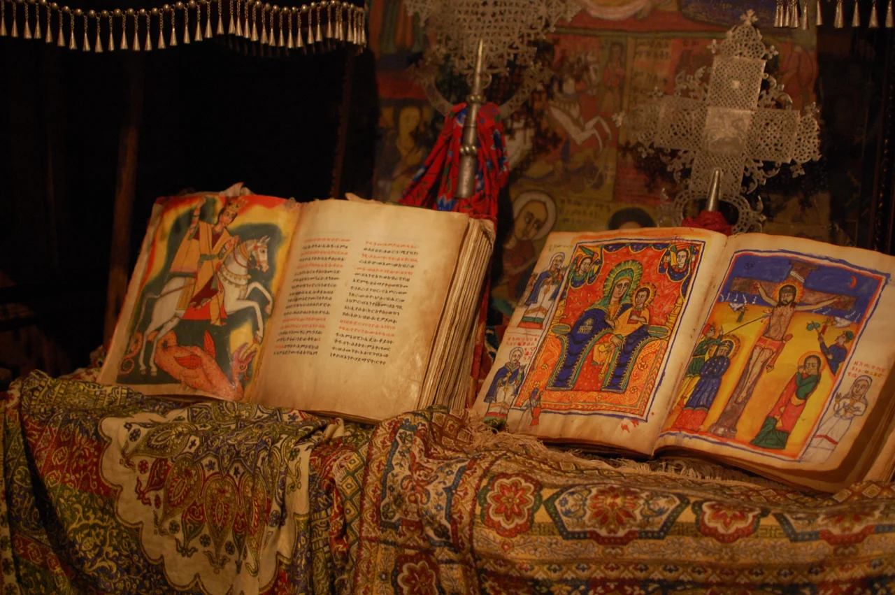 Books in the monastery museum of the Orthodox Church of Ura Kidane Mehret, Zege Peninsula, Ethiopia, 16th century.