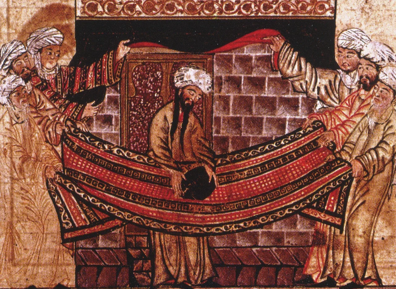 The Islamic prophet Muhammad solves a dispute over lifting the black stone into position at al-Kaaba. Note from pp. 100-101 of "The illustrations to the World history of Rashid al-Din / David Talbot Rice ; edited by Basil Gray. Edinburgh : Edinburgh University Press, c1976." - In the center, Prophet Muhammad, with two long hair plaits, places the stone on a carpet held at the four corners by representatives of the four tribes, so that all have the honor of lifting it. The carpet is a kelim from Central Asia. Behind, two other men lift the black curtain which conceals the doors of the sanctuary. This work may be assigned to the Master of the Scenes from the Life of the Prophet.