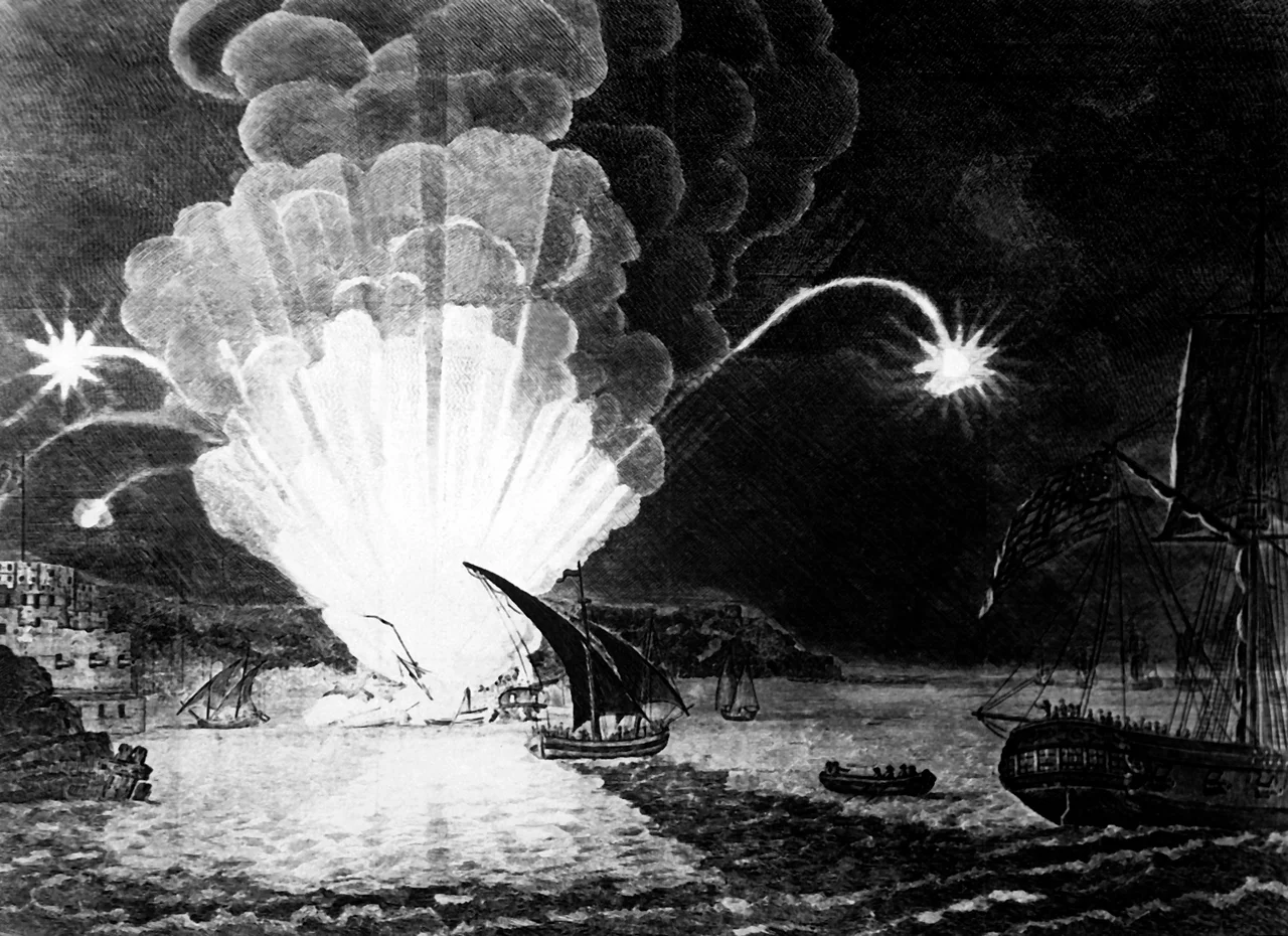 Blowing Up of the Fire Ship Intrepid commanded by Capt. Somers in the Harbour of Tripoli on the night of 4th Sepr. 1804. This . . . shows her blowing up with Somers and her entire crew. Copy of engraving, ca. 1810. (OWI) NARA FILE #: 208-LU-25F-10 WAR & CONFLICT BOOK #: 74