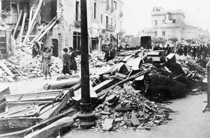 The destruction wrought on Granollers after a raid by German aircraft on 31 May 1938.
The photographer, Winifred Bates, was involved with the British Medical Mission to Spain which worked with the Republican Forces and the International Brigades. Mrs Bates' husband, Ralph, joined the International Brigades. Winifred Bates took photographs to inform and elicit support for the Republican cause in England.